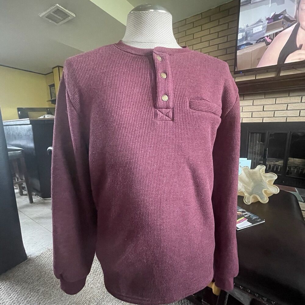 Coleman Men Large Burgundy Sherpa Lined Waffle Henley Shirt Thermal Hiking Hunt